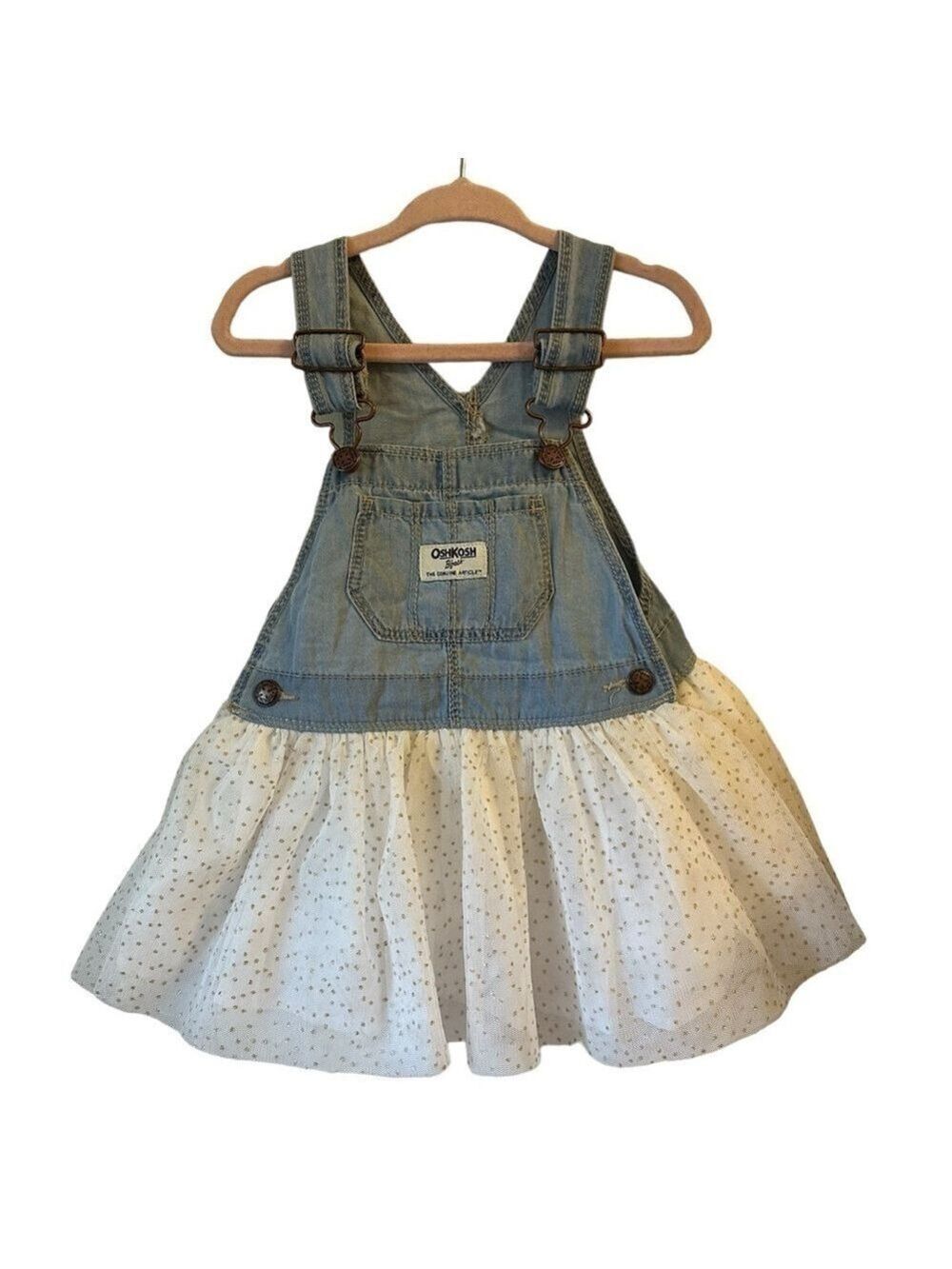 OSHKOSH B'gosh Denim Jumper Overall Dress with Sparkly Polka Dot Tulle Bottom